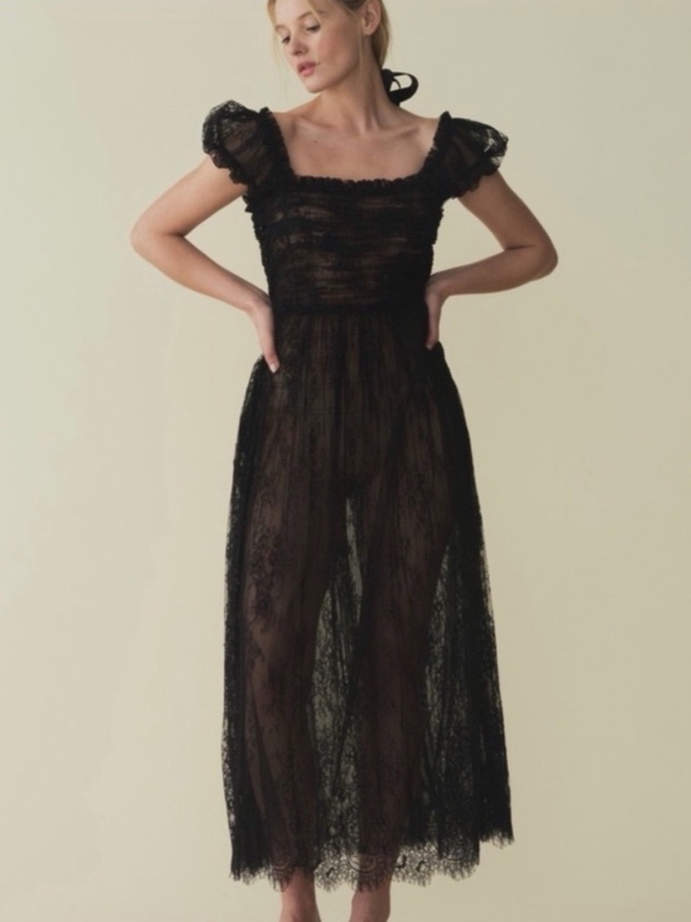 Doen Black Lace Midi Dress with Puff Sleeves